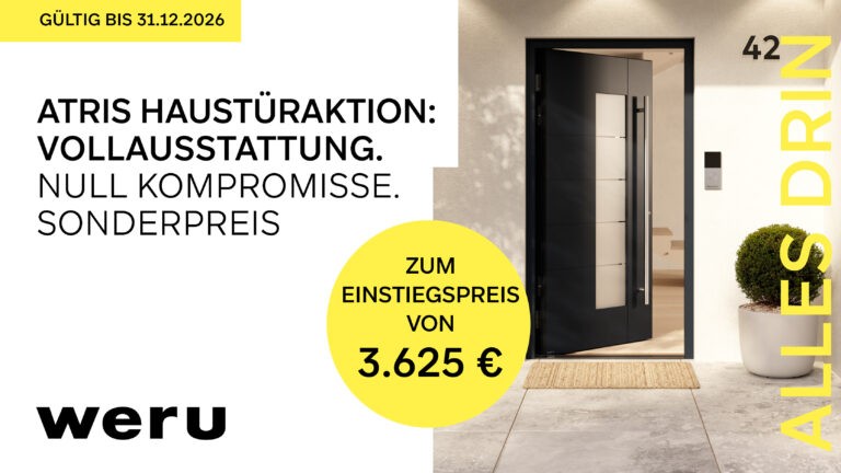 Werbegrafik für eine Aluminium-Haustür mit dem Slogan „Vollausstattung. Null Kompromisse. Sonderpreis inklusive.“ und einem Einstiegspreis von 3.625 €.