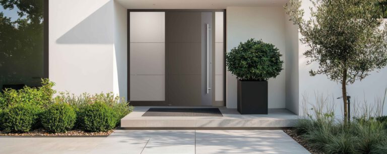 Moderner Hauseingang mit großformatiger, beigegrauer Haustür und seitlichen Glaselementen, eingerahmt von geradliniger Vorgartengestaltung mit Sträuchern und Kübelpflanze.